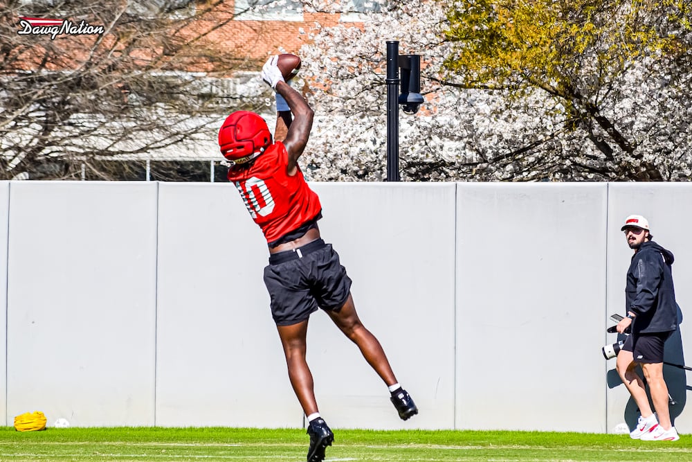 Elyiss Williams takes part in the second day of spring practice on Thursday, March 19, 2026, in Athens. (DawgNation)