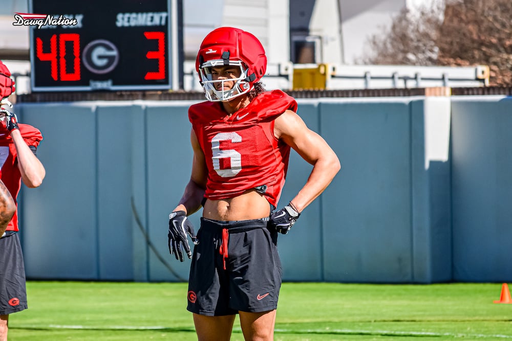 Georgia Tech transfer Isiah Canion takes part in the second day of UGA's spring practice on Thursday, March 19, 2026, in Athens. (DawgNation)