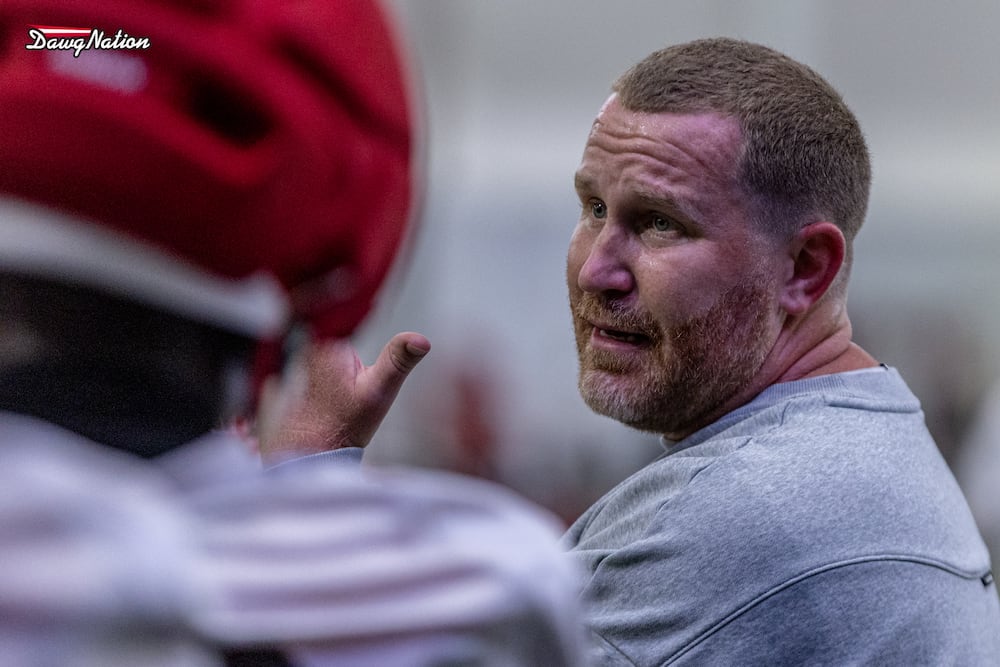 Georgia defensive coordinator Glenn Schumann emphasizes a coaching point during the first day of fall camp on Wednesday, Aug. 5, 2026, in Athens. (Jeff Sentell/DawgNation)
