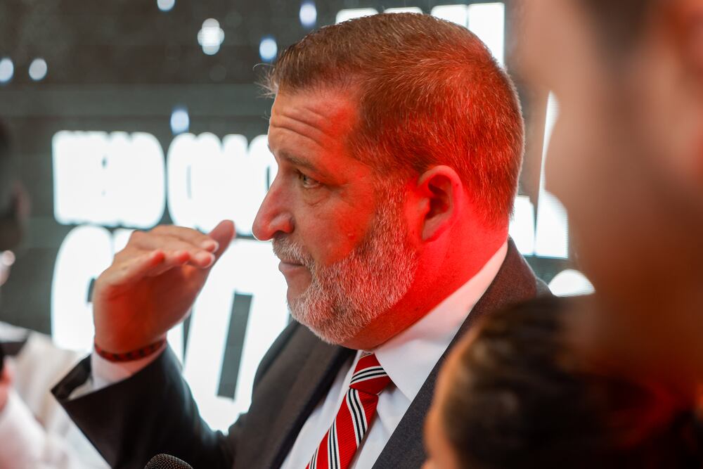 Georgia athletic director Josh Brooks speaks during a news conference at the Butts-Mehre Heritage Hall on Tuesday, April 7, 2026, in Athens. (Arvin Temkar/AJC)