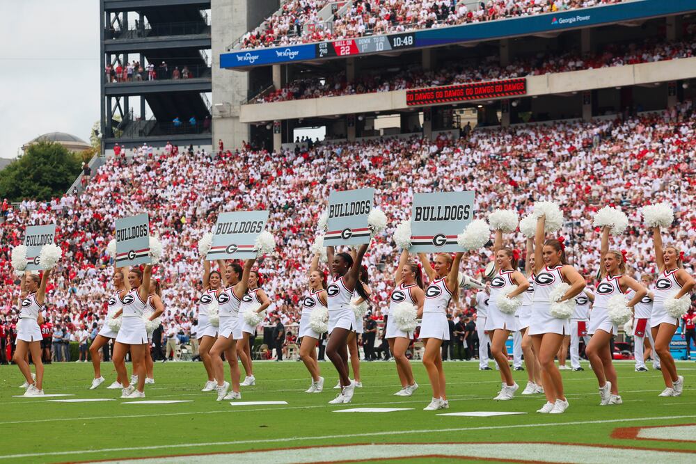 Georgia cheerleaders perform during the first half of Georgias game against Western Kentucky in their NCAA football game at Sanford Stadium, Saturday, Sept. 12, 2026, in Athens, Ga. Georgia won 70-20. (Jason Getz/AJC)