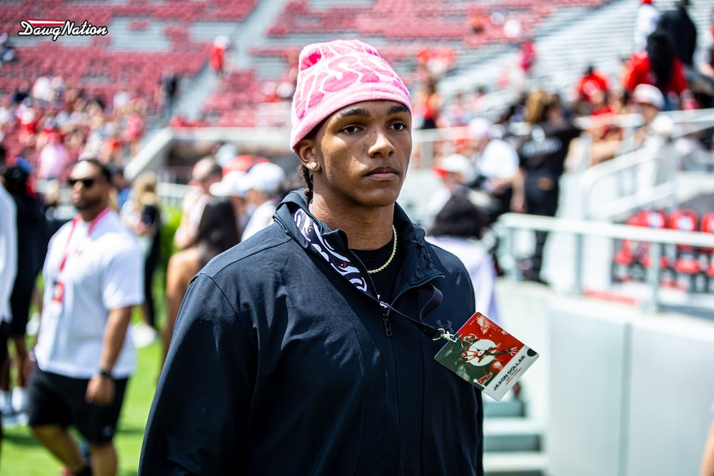 Five-star tight end Jaxon Dollar attends G-Day to watch the Bulldogs annual spring scrimmage at Sanford Stadium on Saturday, April 18, 2026, in Athens.