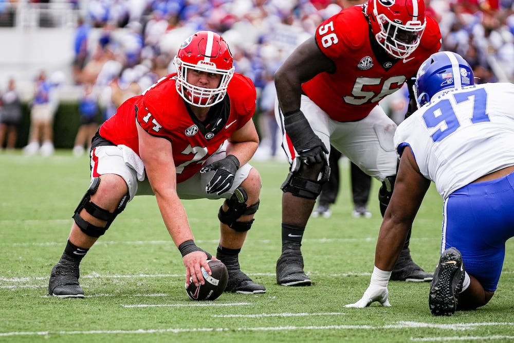Georgia offensive lineman Drew Bobo (74) during Georgia's game against Kentucky on Dooley Field at Sanford Stadium in Athens on Saturday, Oct. 4, 2025. (Tony Walsh/UGAAA)
