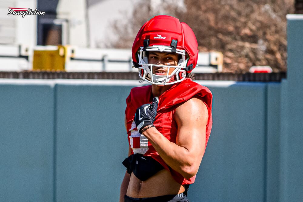 Transfer WR Isiah Canion takes part in the second day of spring practice in Athens, Georgia, on Thursday, March 19, 2026. (DawgNation staff photo)