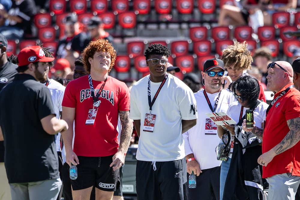 Five-star edge prospect Asher Ghioto (second from left) attends the Georgia-Oklahoma game Saturday, Sept. 26, 2026, at Sanford Stadium in Athens. (Jeff Sentell/DawgNation)