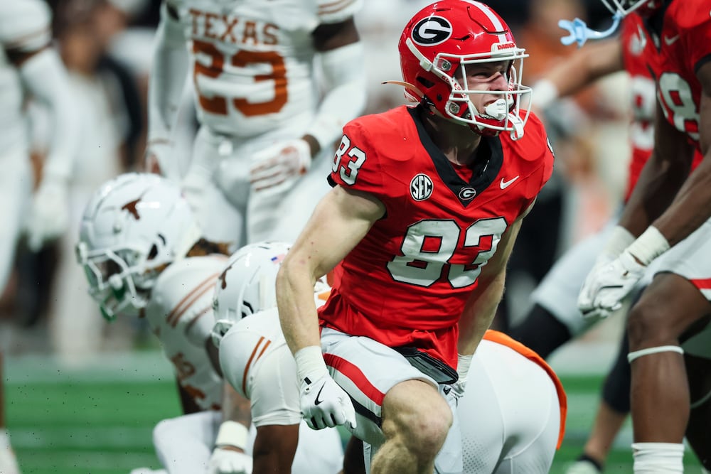 Georgia wide receiver Cole Speer celebrates a tackle on special teams during their 2024 SEC championship game against Texas at Mercedes-Benz Stadium on Saturday, Dec. 7, 2024, in Atlanta. (Jason Getz/AJC)