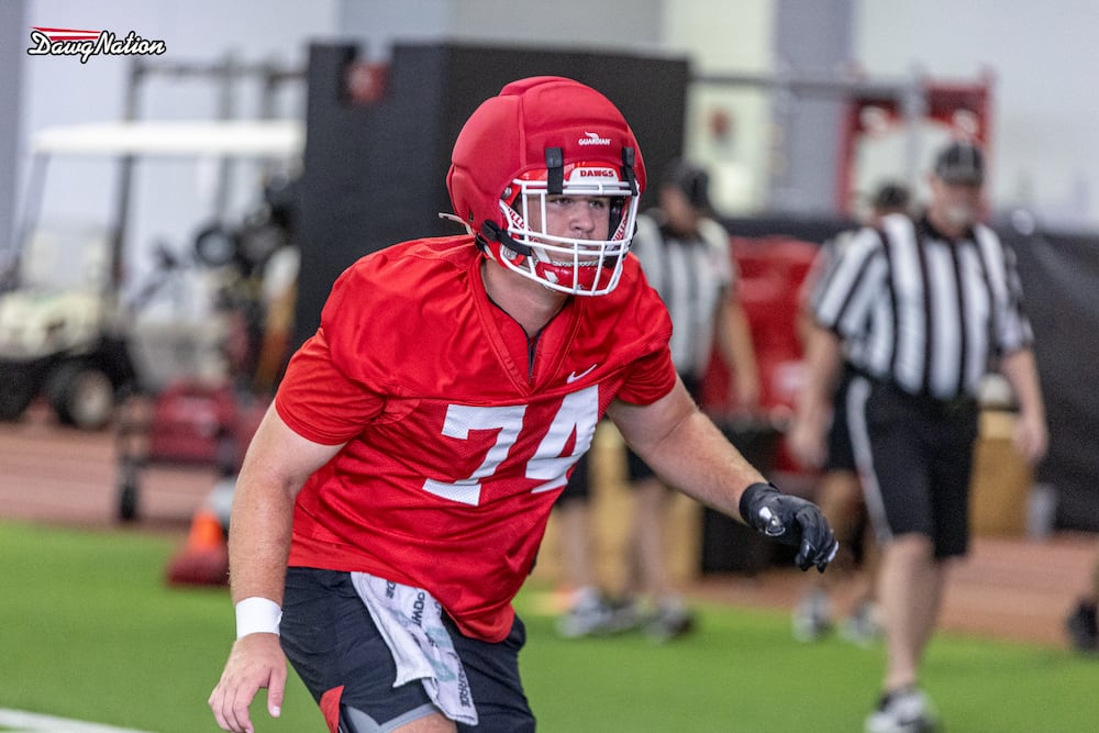 Georgia redshirt junior center Drew Bobo takes a rep during the first day of fall camp practices on Wednesday, Aug. 5, 2026, in Athens. (Jeff Sentell/DawgNation)