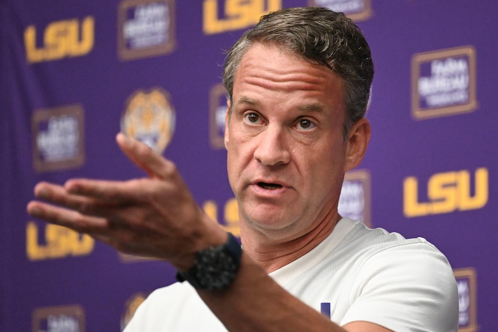 FILE - LSU football head coach Lane Kiffin speaks during a news conference at the LSU Football Operations Facility in Baton Rouge, La., Feb. 4, 2026. (Hilary Scheinuk/The Advocate via AP, File)