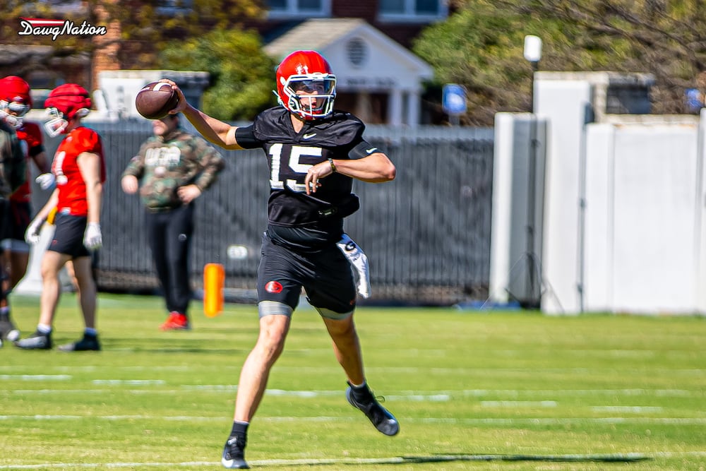 Redshirt freshman QB Ryan Montgomery takes part in the second day of spring practice on Thursday, March 19, 2026, in Athens. (DawgNation)