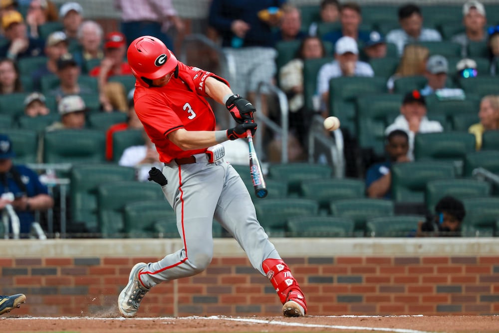 Georgia's Daniel Jackson lines out during the second inning against Georgia Tech at Truist Park on Tuesday, April 21, 2026, in Atlanta. (Jason Getz/AJC)