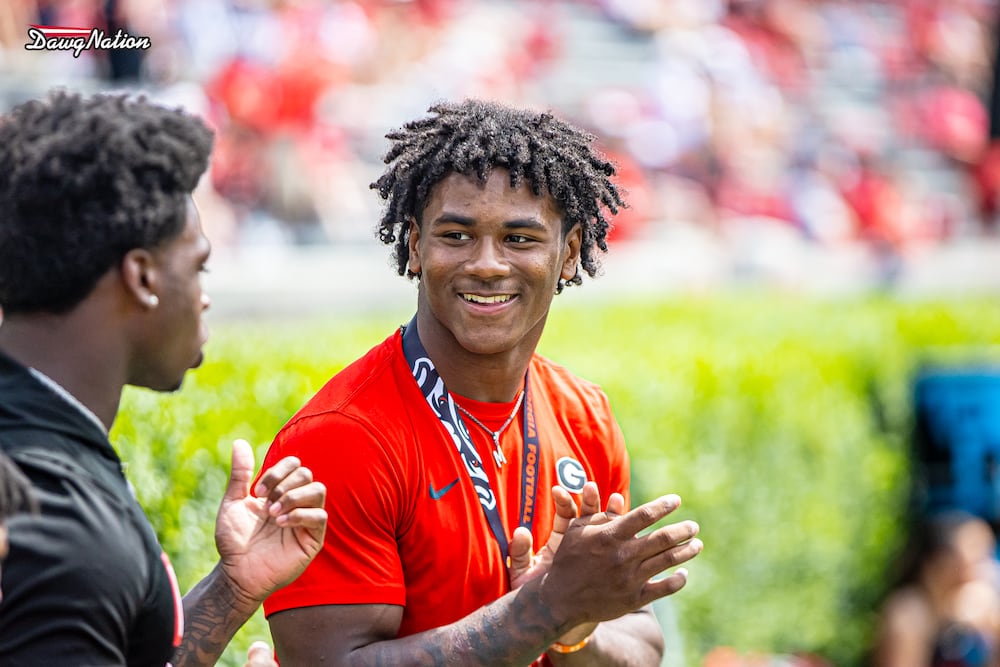 Five-star RB commitment Kemon Spell watches the annual spring scrimmage between the Red and Black teams during G-Day at Sanford Stadium on Saturday, April 18, 2026, in Athens. (Jeff Sentell/DawgNation)