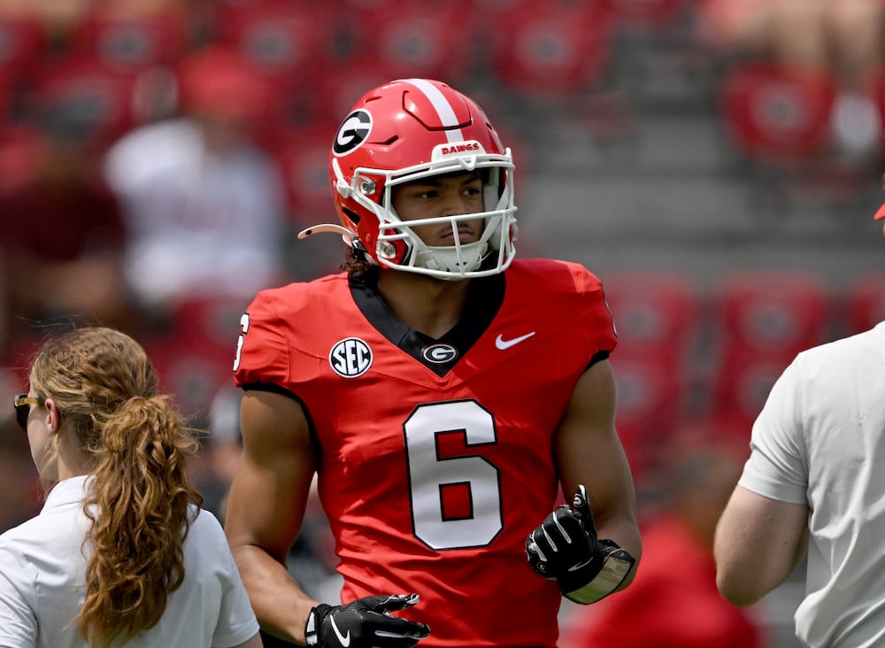 Georgia wide receiver Isiah Canion (6) warms up during 2026 G-Day spring football game at Sanford Stadium, Saturday, April 18, 2026, in Athens. (Hyosub Shin/AJC)