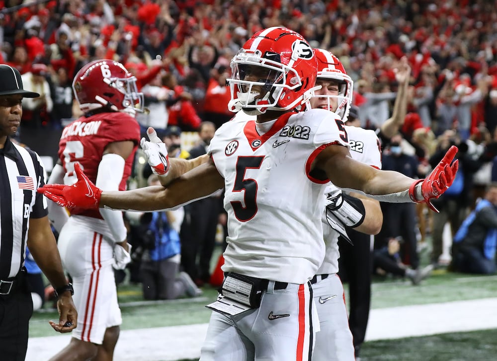 Kelee Ringo celebrates his return of an interception for a touchdown late in the national championship game. (Curtis Compton/AJC 2022)