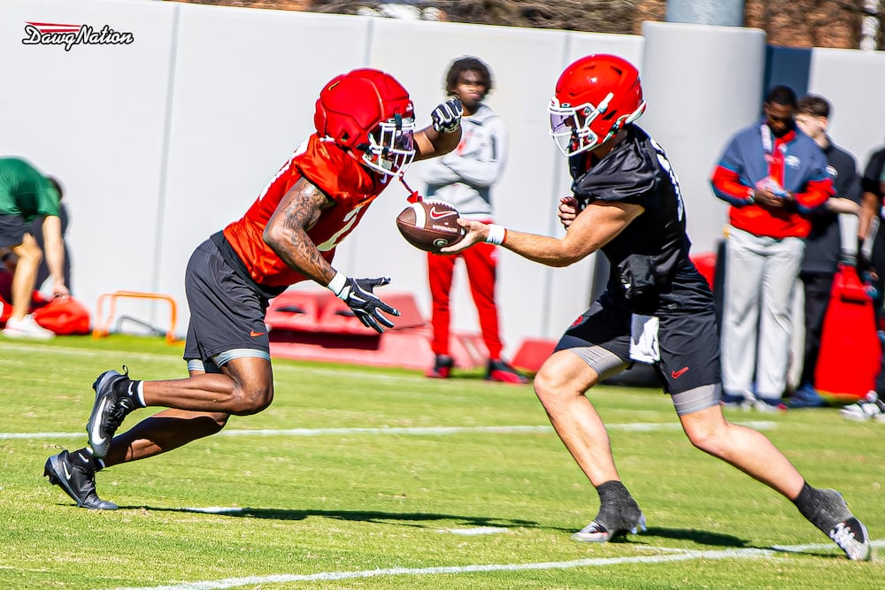 Freshman RB Jae Lamar takes part in the second day of spring practice on Thursday, March 19, 2026, in Athens. (DawgNation)