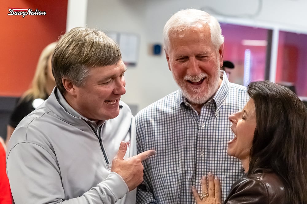 Georgia coach Kirby Smart shares a laugh with former head coach Ray Goff at the Chick-fil-A Dawg Bowl 2024 at Showtime Bowl in Athens. (Jeff Sentell/DawgNation)