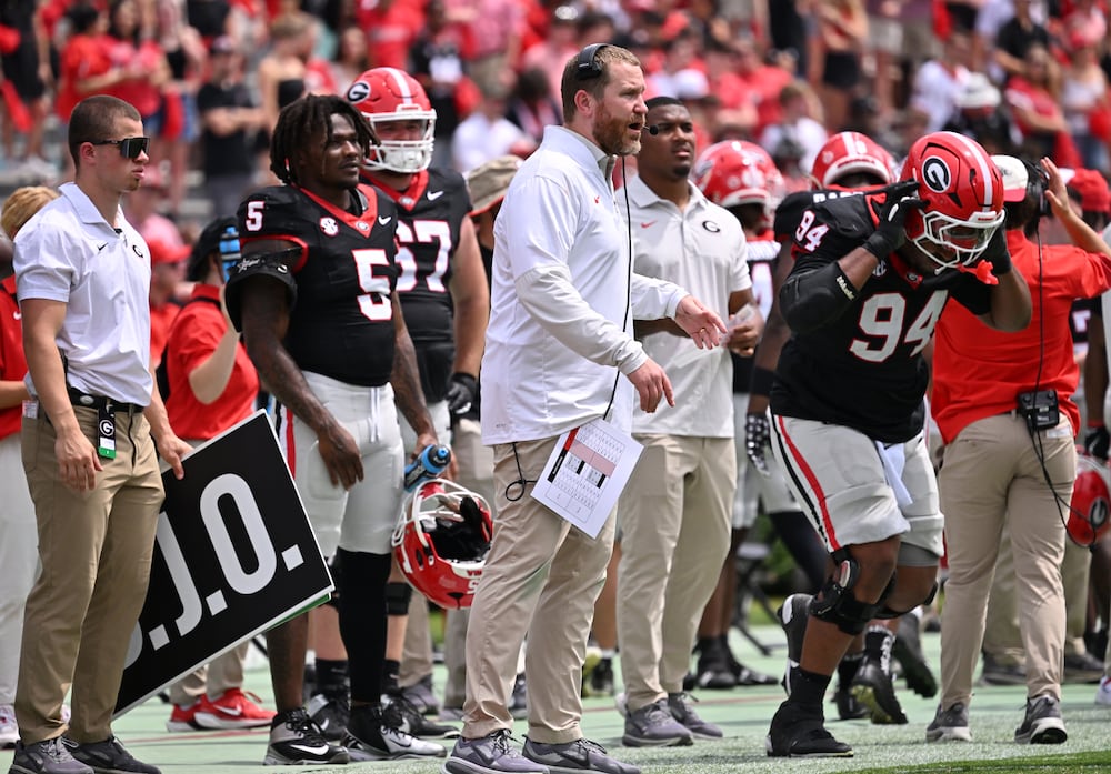 Georgia defensive coordinator Glenn Schumann watches the G-Day spring football game from the sidelines at Sanford Stadium on Saturday, April 18, 2026, in Athens. (Hyosub Shin/AJC)