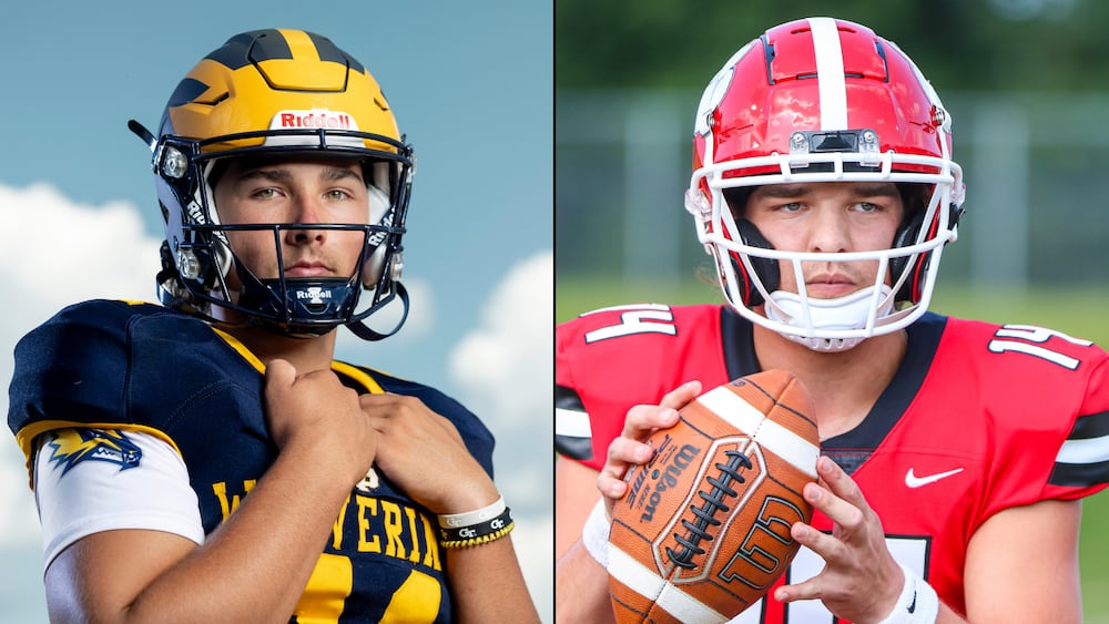 Aaron Philo (left) and Gunner Stockton are two of the most accomplished quarterbacks in Georgia high school football history. Now, they could be facing off in the state's capital as the starting quarterbacks for Florida and Georgia, respectively, in October. (Jason Getz/AJC; Jeff Sentell/DawgNation)