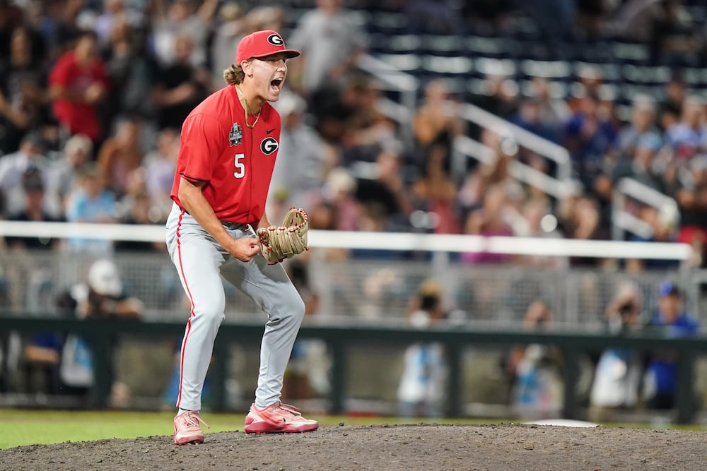 Georgia pitcher Justin Byrd reacts after an NCAA baseball College World Series elimination game against Texas on Tuesday, June 16, 2026 in Omaha, Nebraska. (Vera Nieuwenhuis/AP)