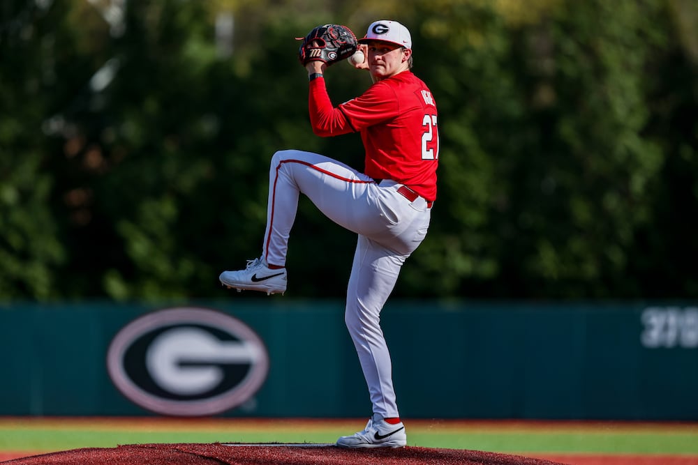 Georgia pitcher Dylan Vigue (27) during Georgias game against Tennessee at Foley Field in Athens, Ga., on Saturday, March 14, 2026. (Conor Dillon/UGAAA)