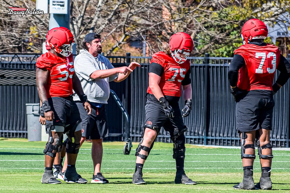 New UGA line coach Phil Rauscher takes part in the second day of spring practice in Athens, Georgia, on Thursday, March 19, 2026. (DawgNation staff photo)