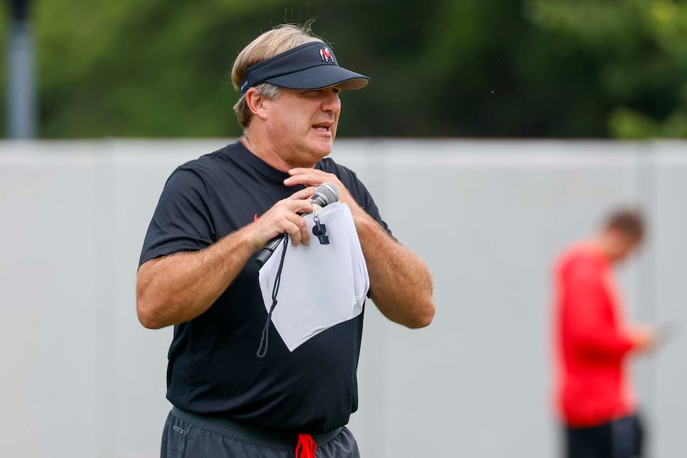 Georgia coach Kirby Smart observes his team during the first fall football practice Wednesday, Aug. 5, 2026, at the practice facility in Athens. (Miguel Martinez/AJC)
