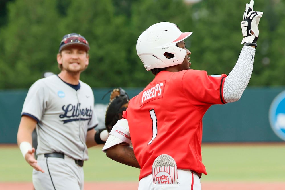 Georgia Bulldogs infielder Tre Phelps (1) rounds the bases after his two-run home run during the sixth inning of their NCAA Regional final game at Foley Field on Sunday, May 31, 2026, in Athens. (Miguel Martinez/AJC)