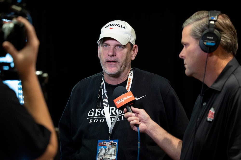 Georgia offensive coordinator Mike Bobo speaks during the Sugar Bowl media day at the Sheraton on Tuesday, Dec. 30, 2025, in New Orleans. (Jason Getz/AJC)