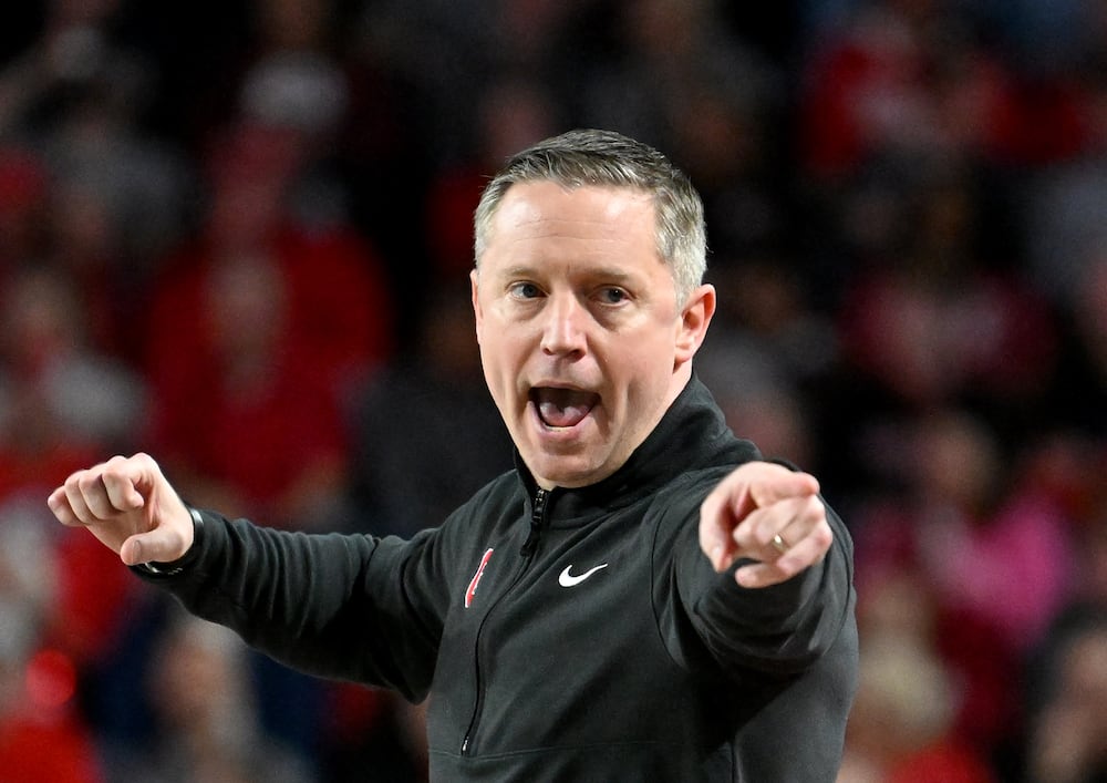 Georgia head coach Mike White shouts instructions during their game against Arkansas at Stegeman Coliseum on Saturday, Jan. 17, 2026, in Athens. (Hyosub Shin/AJC)