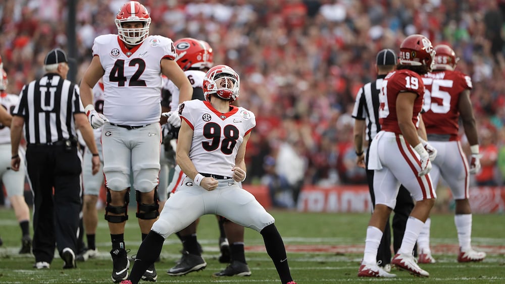 Georgia kicker Rodrigo Blankenship (center) celebrates after kicking a field goal during their Rose Bowl matchup against Oklahoma on Monday, Jan. 1, 2018, in Pasadena, Calif. (Gregory Bull/AP)