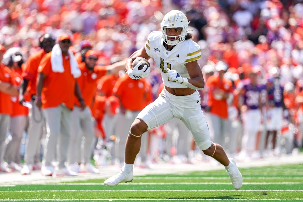 Georgia Tech wide receiver Isiah Canion runs for yards after making a reception against the Clemson Tigers on Saturday, Sept. 13, 2025, at Bobby Dodd Stadium in Atlanta. (Jason Allen for the AJC)