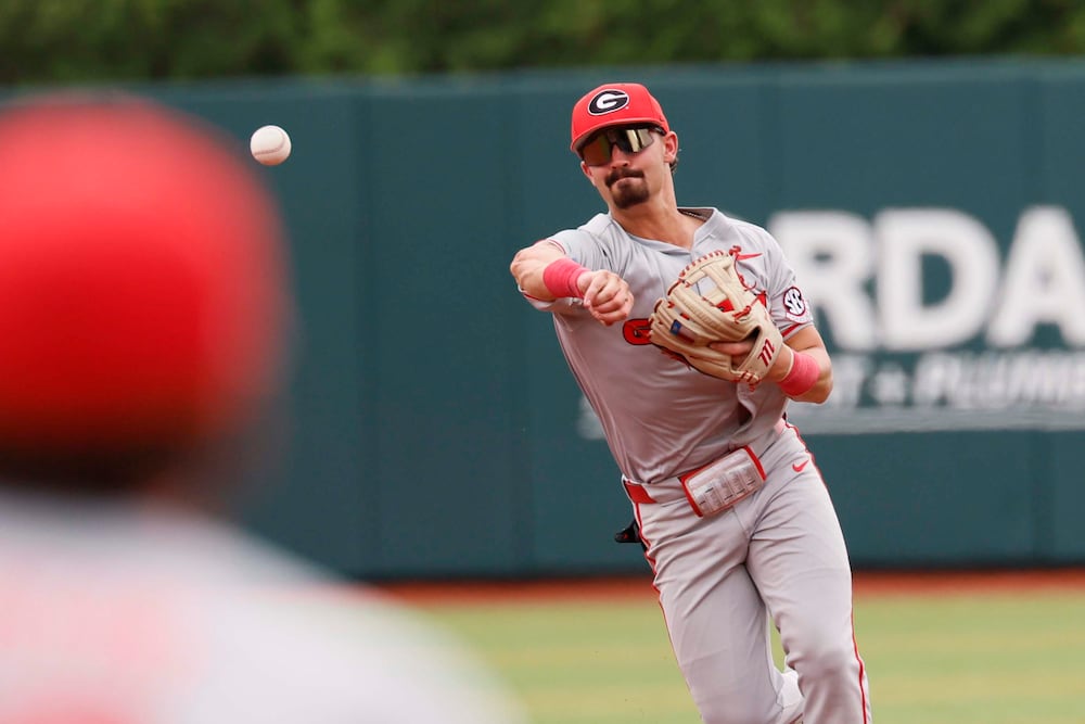 Infielder Kolby Branch throws out a player in Game 2 of the NCAA Super Regional on June 7, 2026. (Miguel Martinez/AJC)