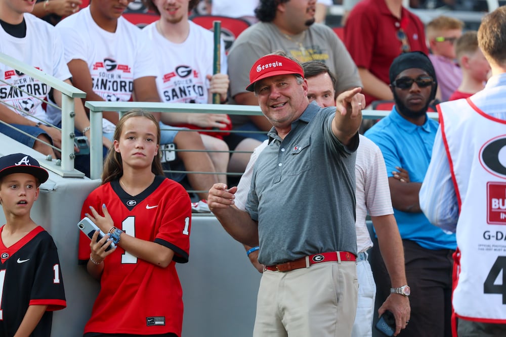 Georgia football coach Kirby Smart speaks with fans before UGA's "Soccer in Sanford" match against James Madison on Thursday, Aug. 20, 2026, in Athens. (Jason Getz/AJC)