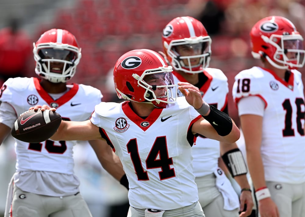 Georgia quarterback Gunner Stockton warms up before the G-Day spring football game at Sanford Stadium on Saturday, April 18, 2026, in Athens. (Hyosub Shin/AJC)
