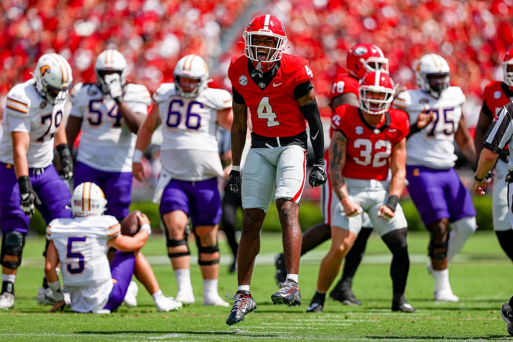 Georgia defensive back KJ Bolden celebrates during the Bulldogs game against Tennessee Tech at Sanford Stadium on Saturday, Sept. 7, 2024, in Athens. (Tony Walsh/UGAAA)