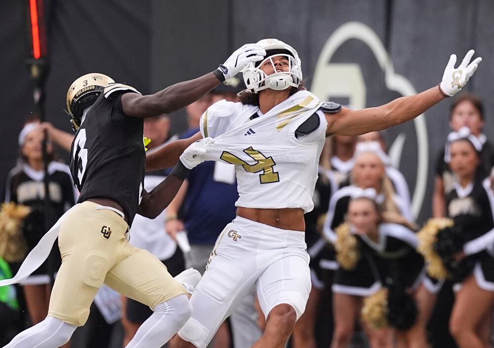 Colorado cornerback Teon Parks (left) is called for pass interference while covering then-Georgia Tech wide receiver Isiah Canion on Friday, Aug. 29, 2025, in Boulder, Colo. (David Zalubowski/AP)