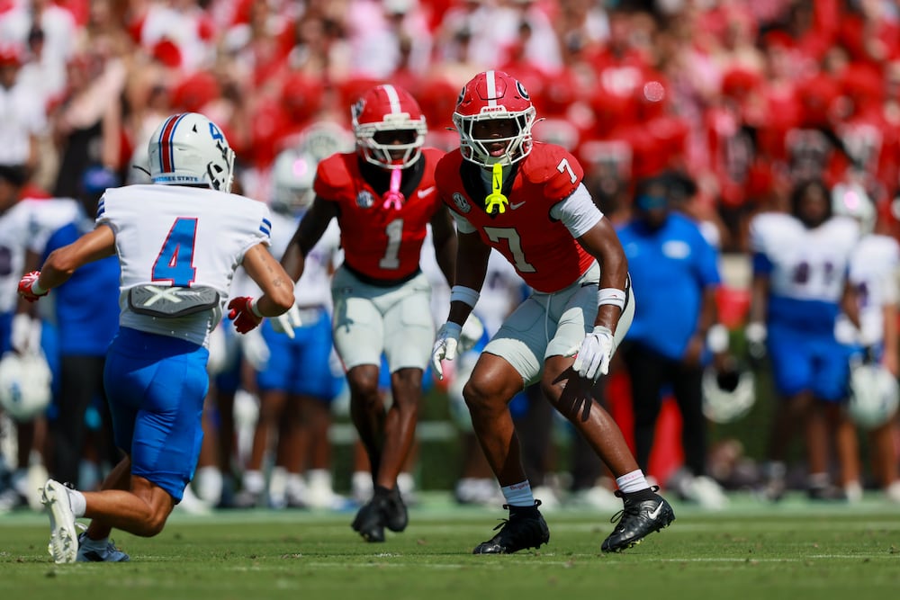 Georgia safety Khalil Barnes (right) covers Tennessee State wide receiver Dylan Rodd (left) on Saturday, Sept. 5, 2026, at Sanford Stadium in Athens. (Jason Getz/AJC)