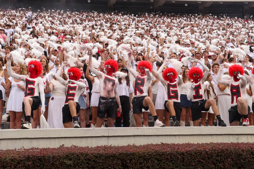 Georgia students cheer after a Georgia touchdown during the first half against Western Kentucky in their NCAA football game at Sanford Stadium, Saturday, Sept. 12, 2026, in Athens, Ga. Georgia won 70-20. (Jason Getz/AJC)