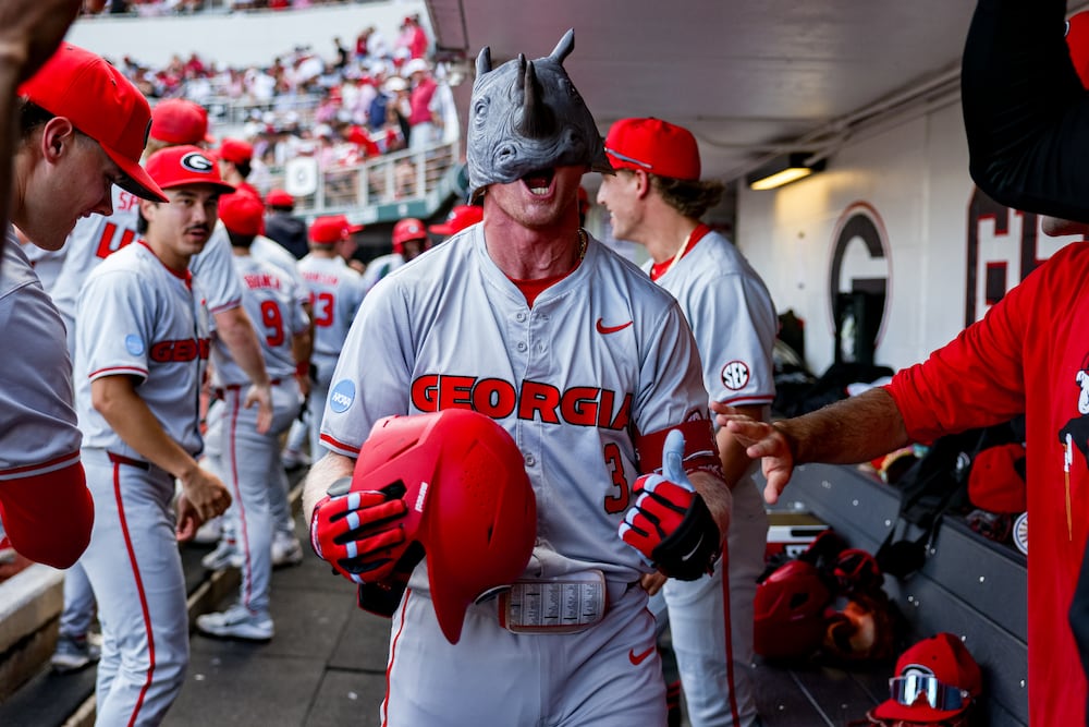 Georgia catcher Daniel Jackson (center) celebrates in the dugout during UGA's game against Liberty in the Athens Regional on Saturday, May 30, 2026. (Conor Dillon/UGAAA)
