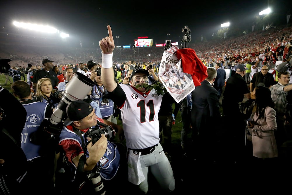 Then-quarterback Jake Fromm celebrates Georgias 54-48 victory over Oklahoma in the 2018 Rose Bowl. (DawgNation)