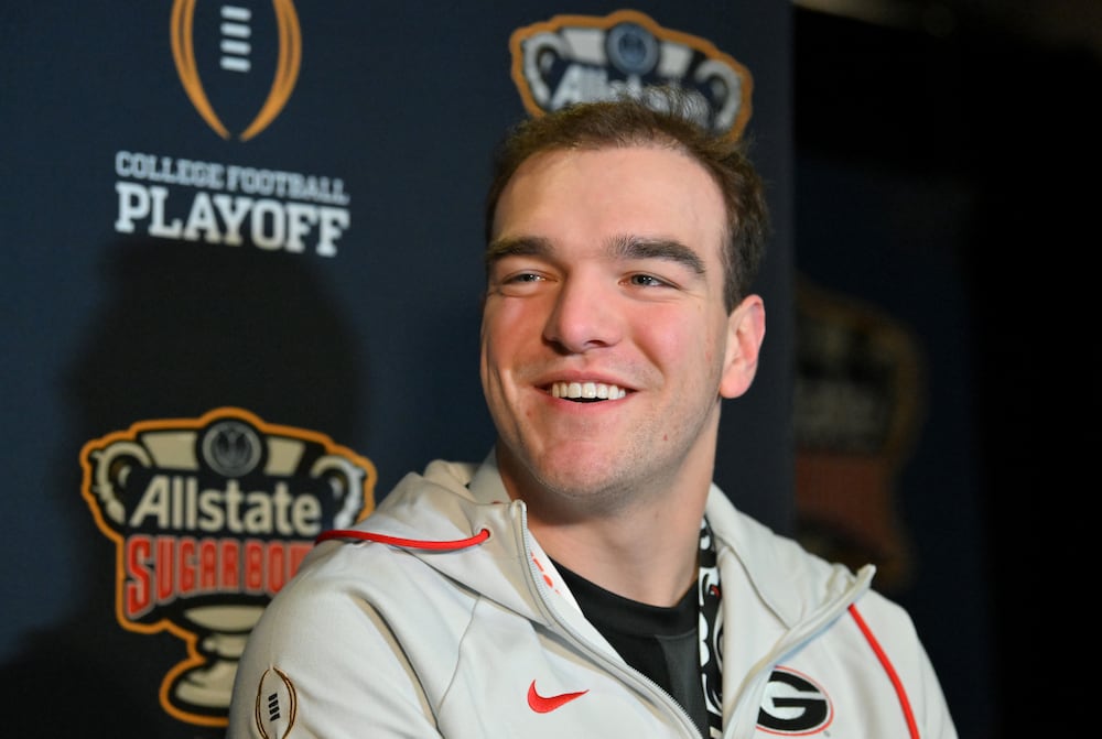 Georgia quarterback Gunner Stockton answers journalists' questions during media day ahead of the Sugar Bowl on Tuesday, Dec. 30, 2025, in New Orleans. (Hyosub Shin/AJC)