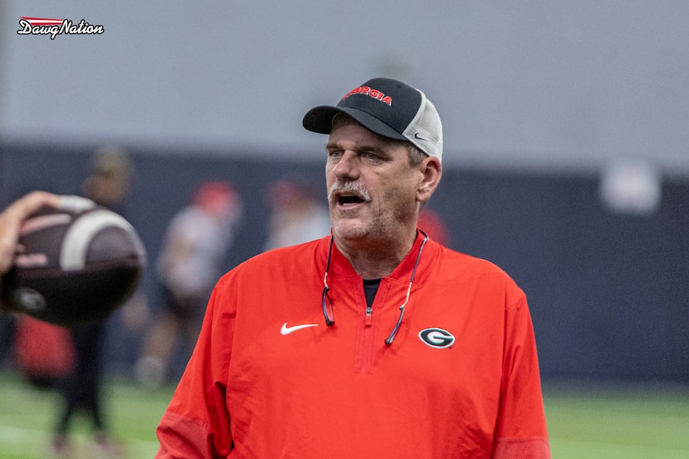 Georgia offensive coordinator Mike Bobo sports a healthy mustache during the first day of fall camp practices on Wednesday, Aug. 5, 2026, in Athens. (Jeff Sentell/DawgNation)