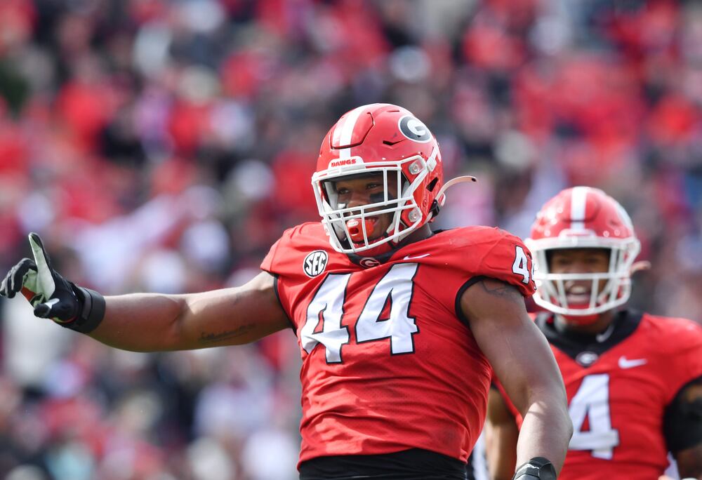 Georgia defensive lineman Travon Walker celebrates after sacking Missouri quarterback Tyler Macon at Sanford Stadium on Saturday, Nov. 6, 2021, in Athens. (Hyosub Shin/AJC)
