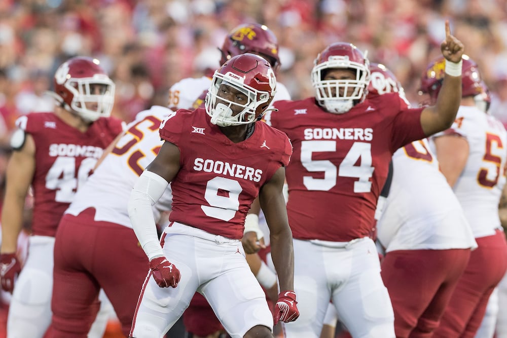 Then-Oklahoma defensive back Gentry Williams (left) celebrates after a stop against Iowa State on Saturday, Sept. 30, 2023, in Norman, Okla. (Alonzo Adams/AP)