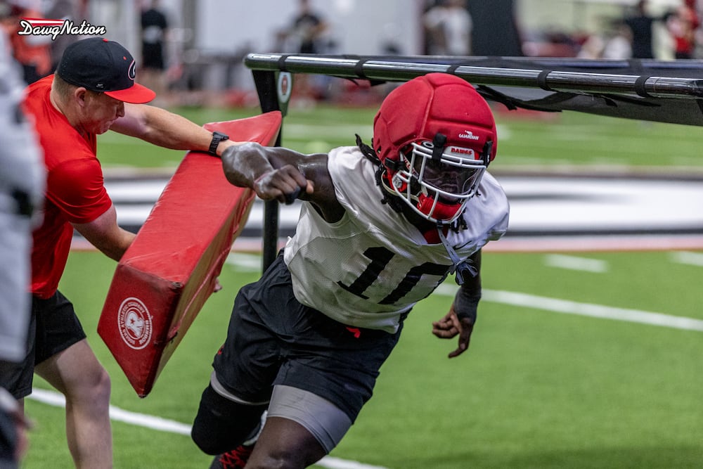 Georgia linebacker Zayden Walker flies through a drill during the first day of fall camp on Wednesday, Aug. 5, 2026, in Athens. (Jeff Sentell/DawgNation)