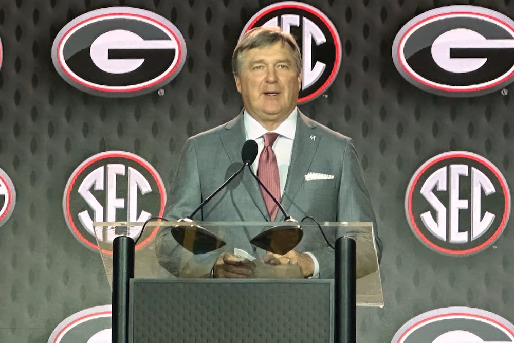 Georgia head coach Kirby Smart discusses the upcoming football season during the SEC media days on Tuesday, July 21, 2026, in Tampa, Fla. (Hunter Dawkins/The Gazebo Gazette via AP)
