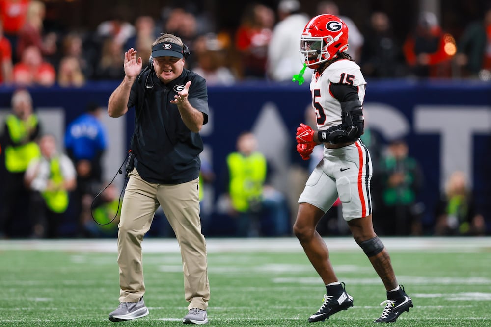 Georgia coach Kirby Smart reacts after a penalty against defensive back Demello Jones during their SEC championship game against Alabama at Mercedes-Benz Stadium on Saturday, Dec. 6, 2025, in Atlanta. (Jason Getz/AJC)
