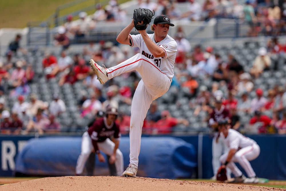 Georgia pitcher Joey Volchko pitches during Georgia's game against Mississippi State in the SEC Tournament on May 21, 2026. (Conor Dillon/UGAAA)