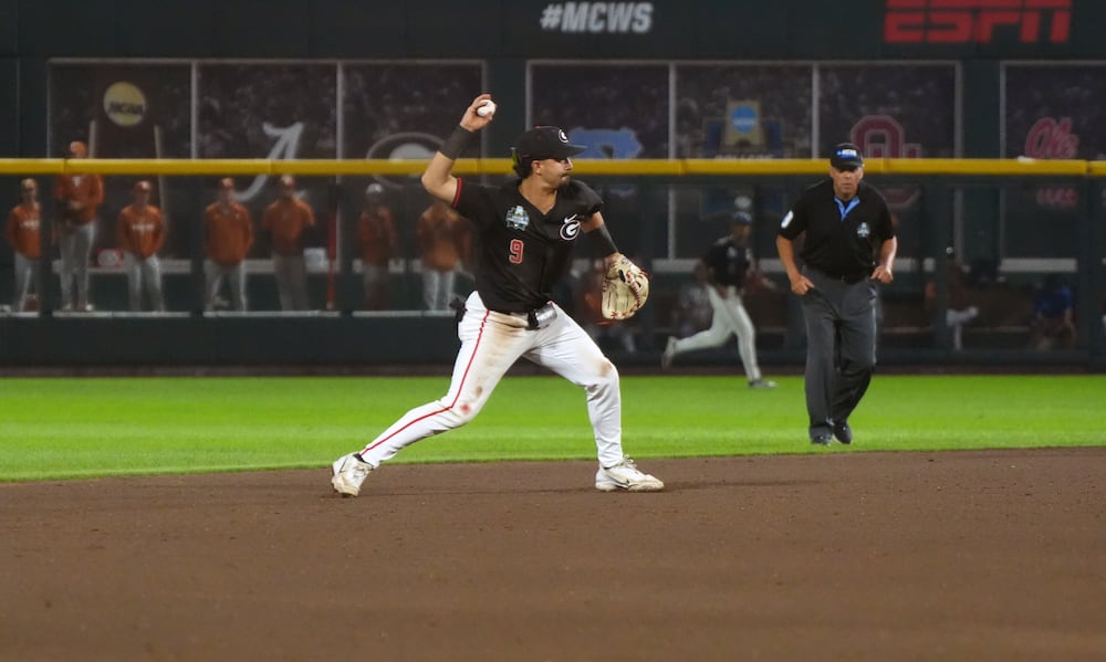 Georgia baseball shortstop Kolby Branch throws across the diamond against Texas during the College World Series. (Cody Chaffins/DawgNation)