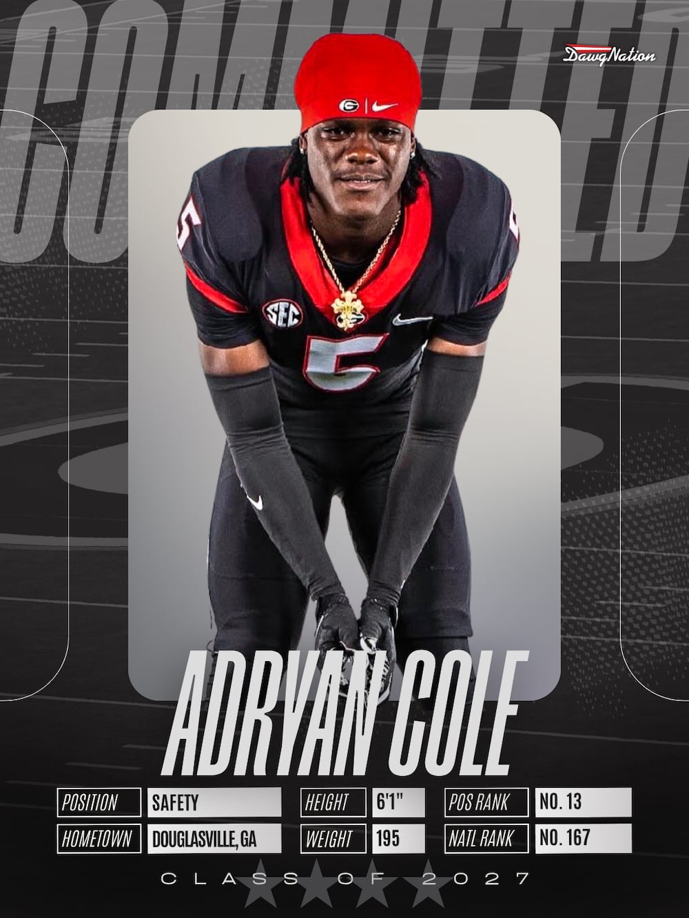 Douglas County safety Adryan Cole, a 4-star recruit, committed to Georgia. He was the highest-rated undecided rising senior prospect in the state. (Cayce Dunn/DawgNation)