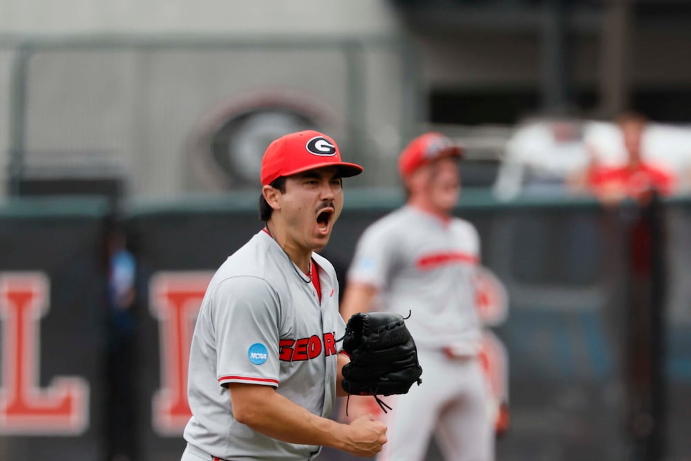 Georgia Bulldogs pitcher Caden Aoki strikes out a batter during the sixth inning of Game 2 of the NCAA Super Regional on June 7, 2026. (Miguel Martinez/AJC)